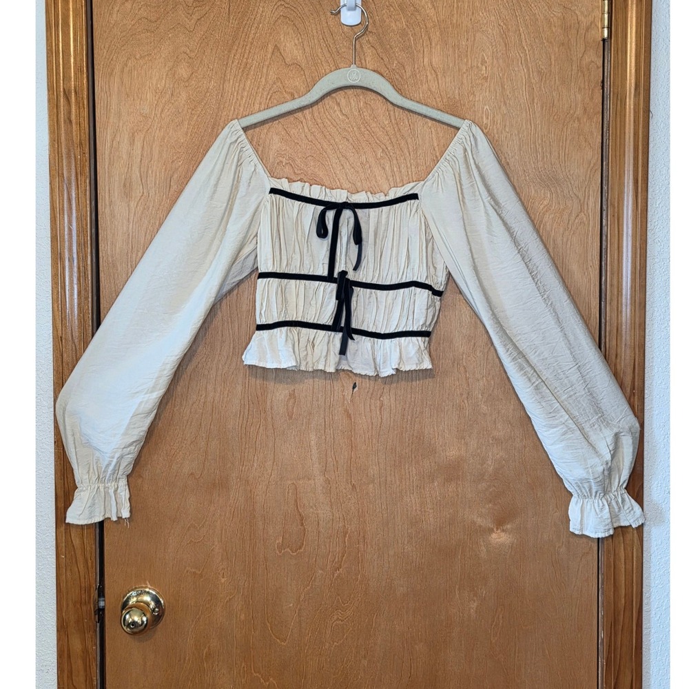 Thirty/Thirty LA Cream Milkmaid Crop Top Long Sleeve Velvet Bow Coquette Small